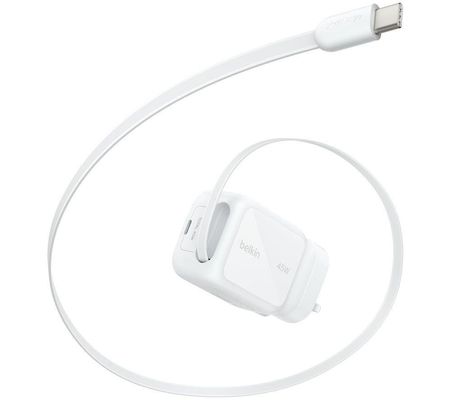 BELKIN UltraCharge WCH023myWH 45 W USB-C GaN Retractable Wall Charger - 0.7 m, White