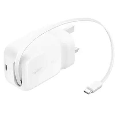 BELKIN UltraCharge WCH023myWH 45 W USB-C GaN Retractable Wall Charger - 0.7 m, White - Thumbnail 2