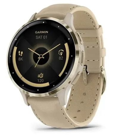 GARMIN Venu 3S - Soft Gold with French Grey Leather Band & French Grey Silicone Band, Silver/Grey,Gold