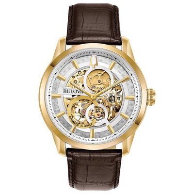 Bulova Mens Sutton Gold Plated White Skeleton Dial Brown Leather Strap Watch 97A138