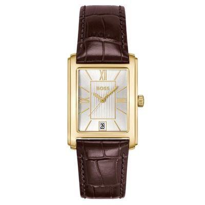 BOSS Mens Principle Gold Tone Brown Leather Strap Watch 1514300