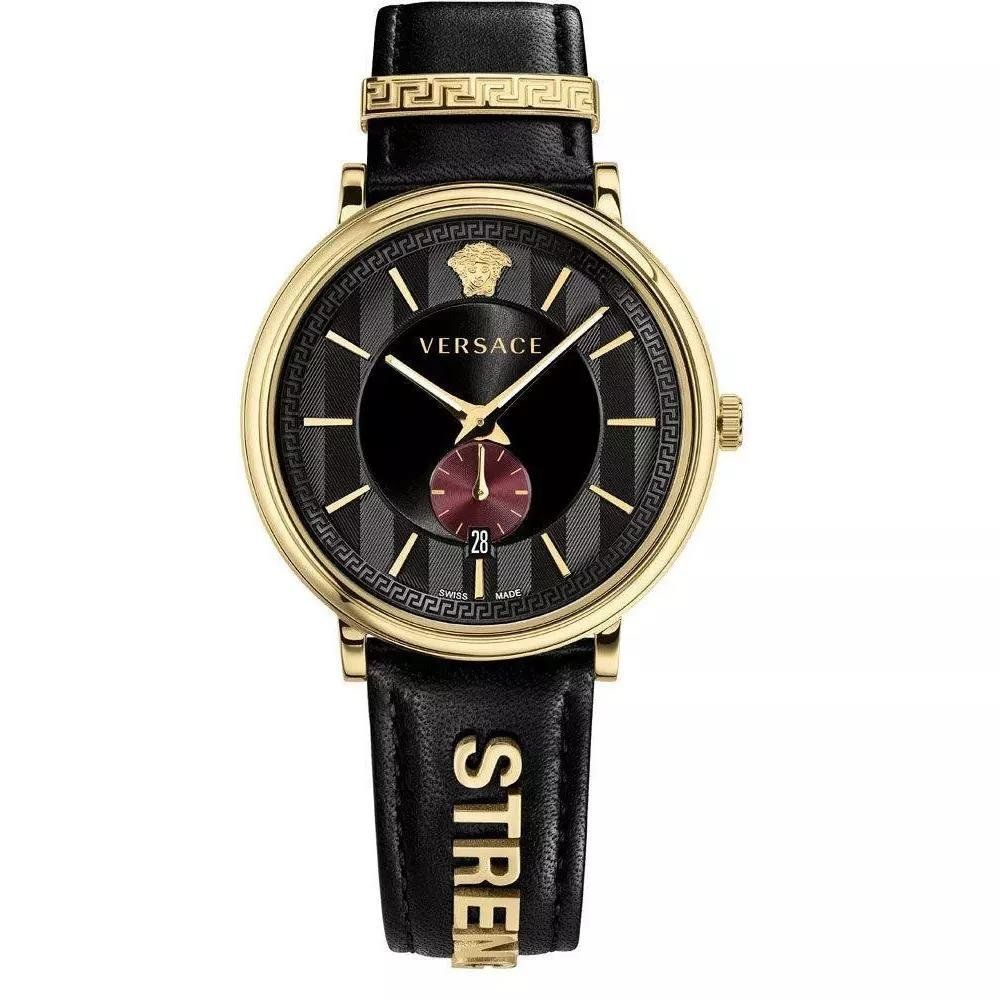 Versace VBQ050017 V-Circle 42mm Gold Tone Black Leather Strap Women's Watch - Image 1