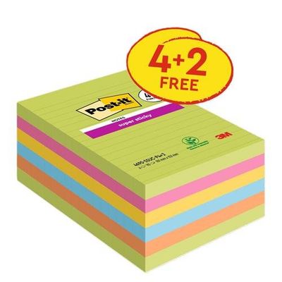 Post-It Super Sticky Large Notes Lined 101x152mm Assorted Colours Prom