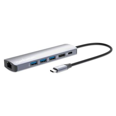 Manhattan USB-C Dock/Hub. Ports (x6): Ethernet. HDMI. USB-A (x3) and U