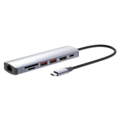 Manhattan USB-C Dock/Hub with Card Reader. Ports (x5): Ethernet. HDMI.