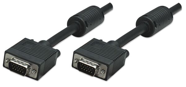 Manhattan VGA Monitor Cable (with Ferrite Cores) 1.8m Black Male to Male HD15 Cable of higher SVGA Specification (fully compatible) Shielding with Ferrite Cores helps minimise EMI interference for improved video transmission Lifetime Warranty