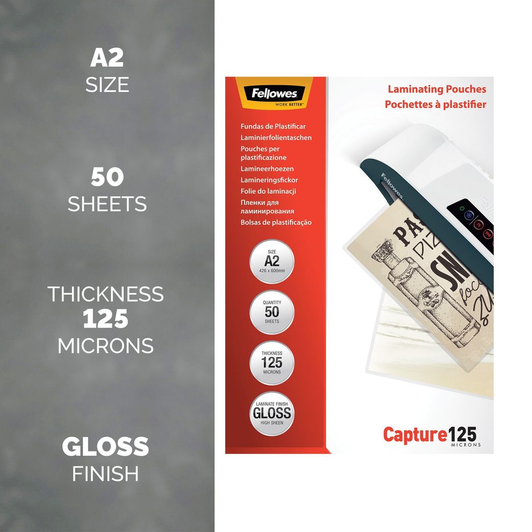 Fellowes A2 Glossy 125 Micron Laminating Pouch - 50 pack - Image 1