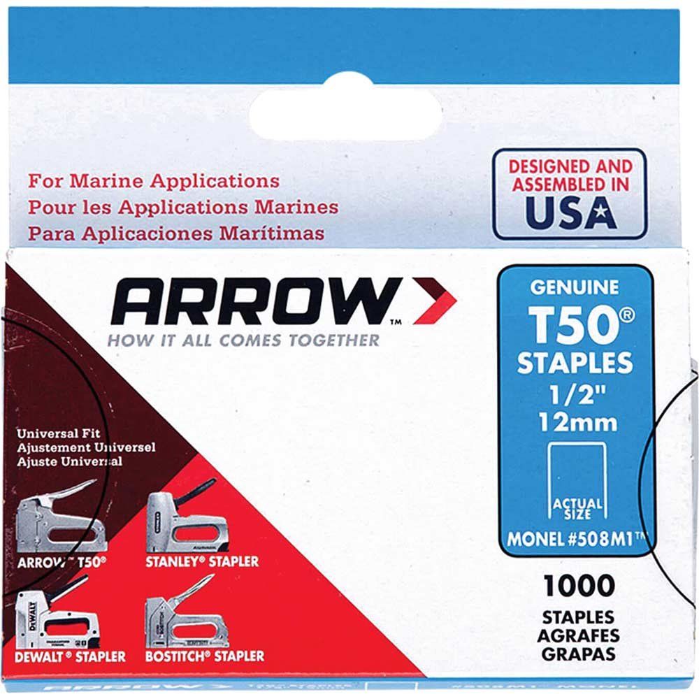 ARROW T50M 508M Monel Staples 12mm (1/2In) Box 1000 - Grey - Image 1