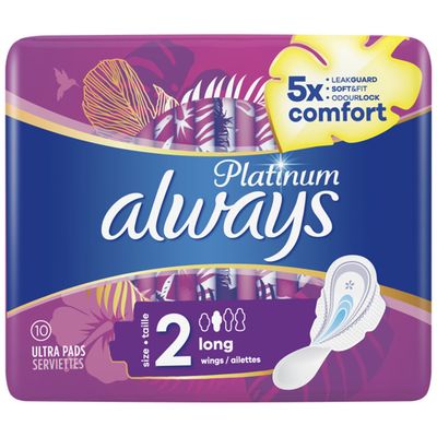 Pack of 10 Always Platinum Long Pads - Purple