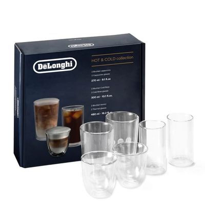 DELONGHI DLSC326 Double Wall Hot & Cold Collection Coffee Glasses - Pack of 6, Clear