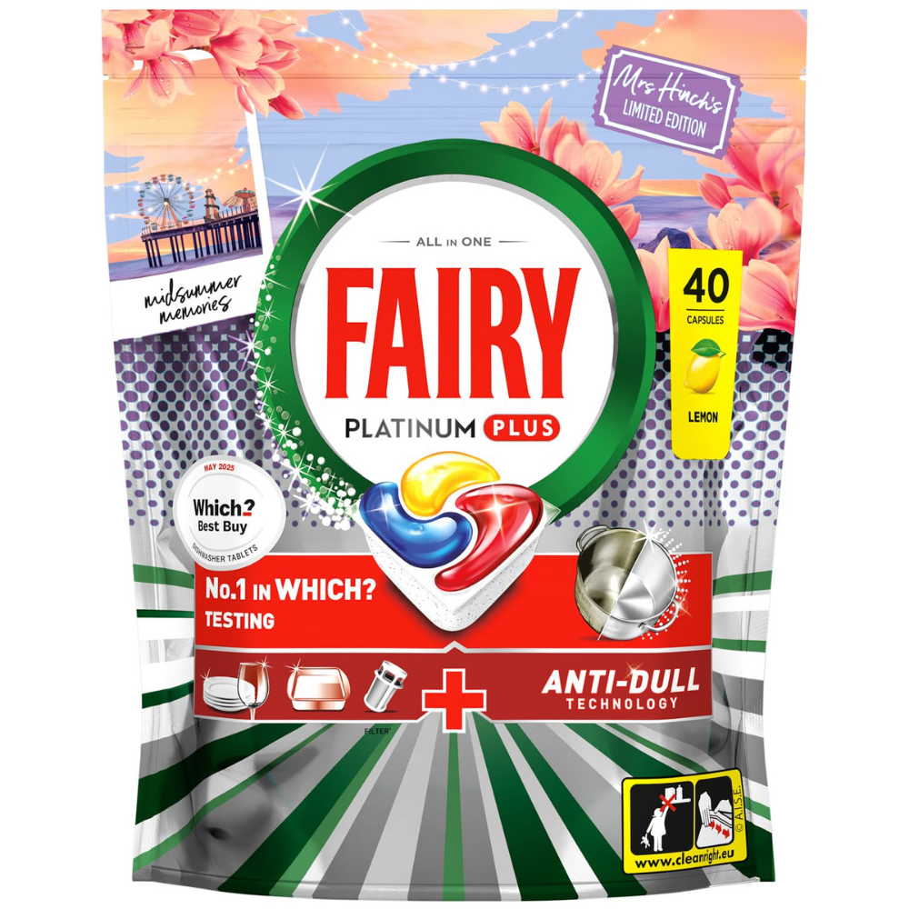 Fairy Platinum Plus Mrs Hinch's Midsummer Memories 40 Wash Dishwasher Tablets Assorted Packs - Image 1