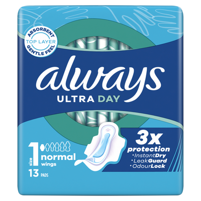 Always Ultra Day Sanitary Pads Normal With Wings Size 1 Packet x13 Pads (Pack of 16) C005790