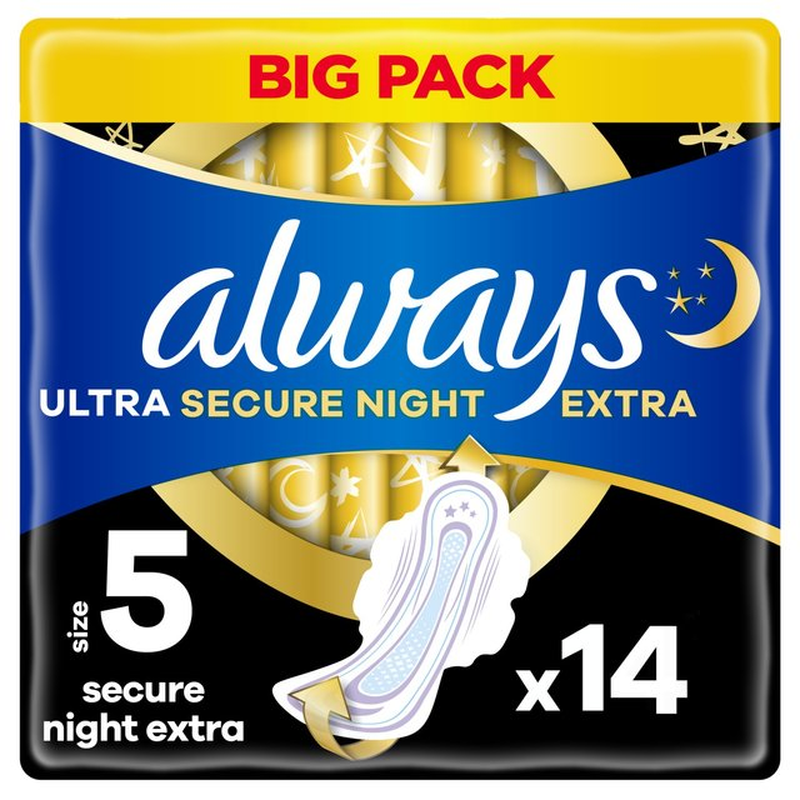 Always Ultra Sanitary Towels Secure Night Extra (Size 5) With Wings 14 Pads - Image 1