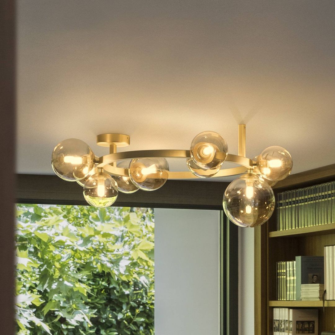 IDEAL LUX Perlage ceiling lamp, brass/amber, length 70 cm, 10-bulb design - Image 1