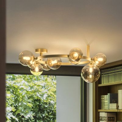 IDEAL LUX Perlage ceiling lamp, brass/amber, length 70 cm, 10-bulb design