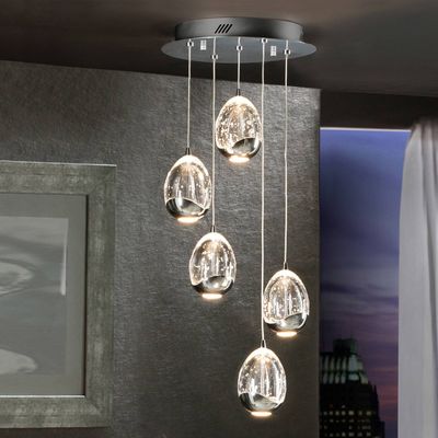 Schuller Valencia LED pendant light Rocio, 5-bulb, round, metal, glass, chrome