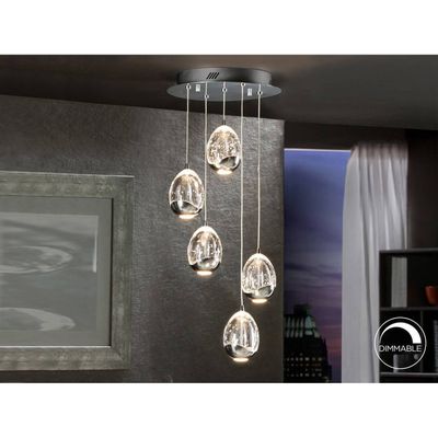 Schuller Valencia LED pendant light Rocio, 5-bulb, round, metal, glass, chrome - Thumbnail 2