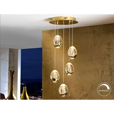 Schuller Valencia LED pendant light Rocio, 5-bulb, round, metal, glass, gold - Thumbnail 2