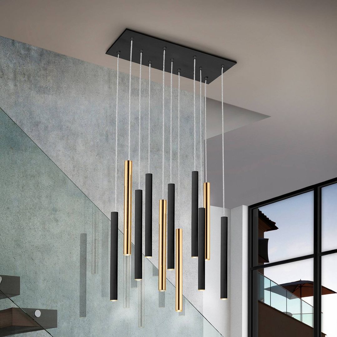 Schuller Valencia Varas dimmable 11-bulb LED hanging light, gold/black, metal - Image 1