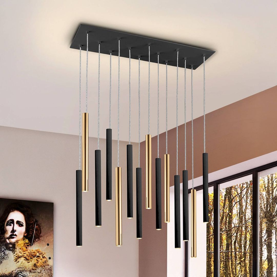Schuller Valencia LED hanging light Varas, dimmable, 14 lights, gold/black, metal - Image 1