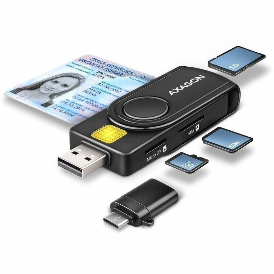 Axagon CRE-SMP2A USB Smart card & SD/microSD/SIM PocketReader smart card reader Indoor USB Type-A/USB Type-C Black - Image 1
