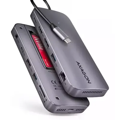 Axagon HMC-12GM2, USB 10Gbps hub, 3x USB-A, USB-C, HDMI, DP, RJ-45, M.2, SD/mSD, audio, PD - Thumbnail 2