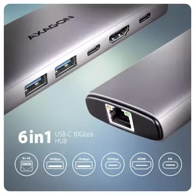 Axagon HMC-6G2L USB 10Gbps hub, 2x USB-A, 1x USB-C, HDMI 4k/60Hz, RJ-45, PD 100W - Thumbnail 2