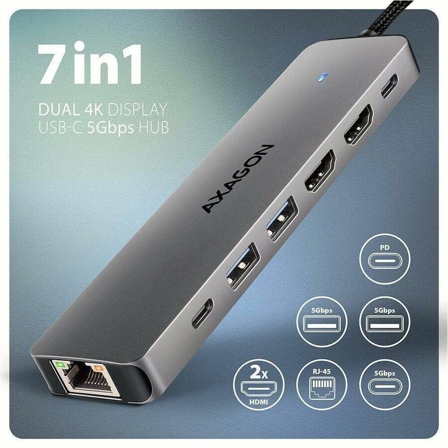 Axagon HMC-7HX2 USB 5Gbps hub, 2x USB-A, USB-C, 2x HDMI 4k/60Hz, RJ-45, PD 100W - Image 1