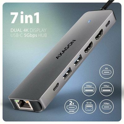 Axagon HMC-7HX2 USB 5Gbps hub, 2x USB-A, USB-C, 2x HDMI 4k/60Hz, RJ-45, PD 100W