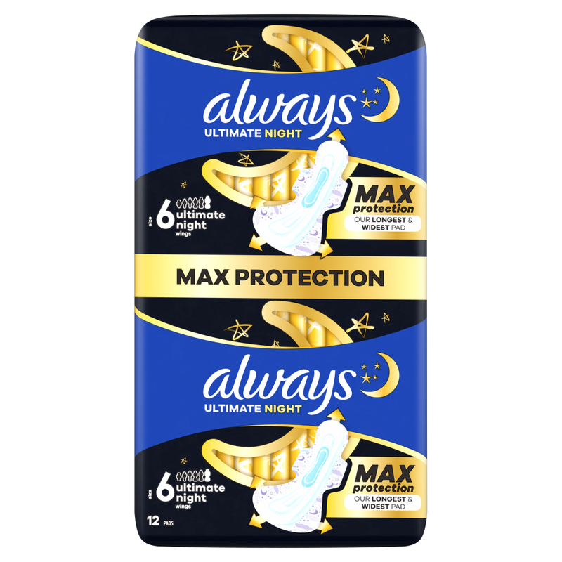 Always Ultra Sanitary Towels Super Heavy Flow Night (Size 6) Wings 12 Pads - Image 1