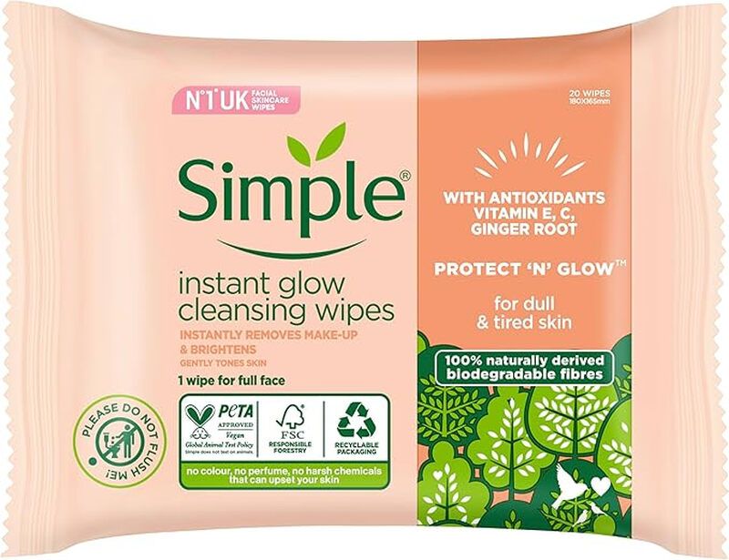 Simple Protect N Glow Instant Cleansing Wipes for Dull and Tired Skin - Buy 6 - Image 1