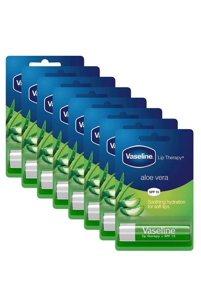 Vaseline Lip Therapy With Petroleum Jelly Balm Sticks, Aloe Vera 4g, 8 Pack - White