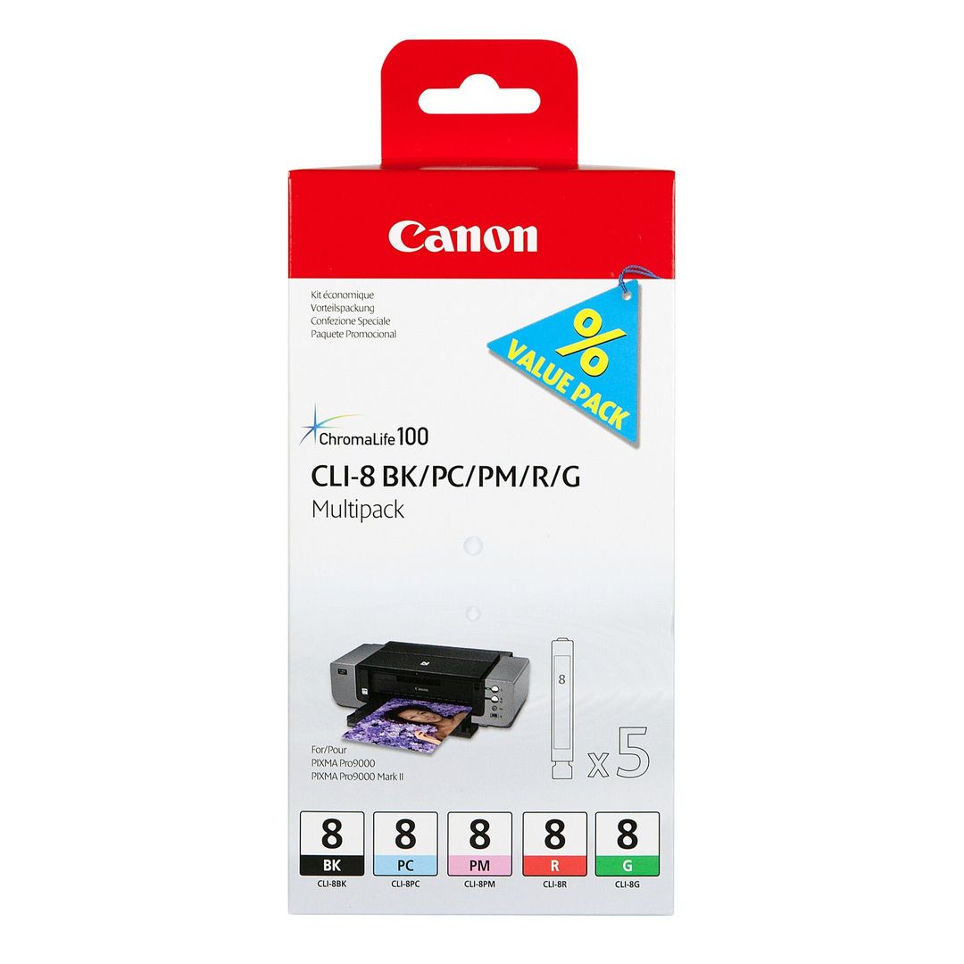 Canon CLI-8 BK/PC/PM/R/G 5 Ink Cartridge Multipack - Image 1