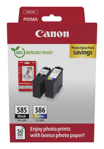 Canon PG-585/CL-586 PVP. Supply type: Photo value pack Printing colours: Black Cyan Magenta Yellow Quantity per pack: 2 pc(s)