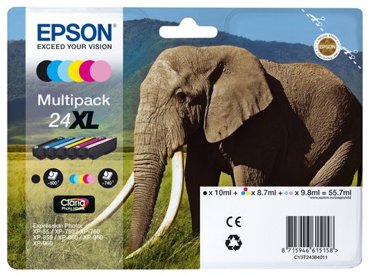 EPSON Elephant 24XL 5-colour Ink Cartridges - Multipack, Cyan,Yellow,Black,Magenta