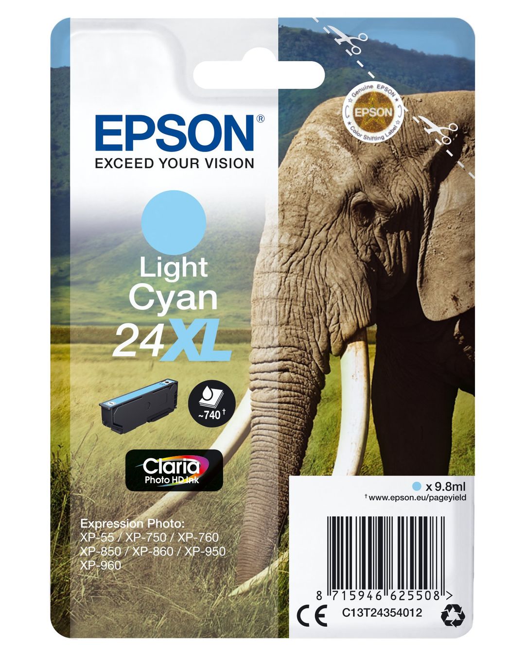 Epson Elephant Singlepack Light Cyan 24XL Claria Photo HD Ink - Image 1