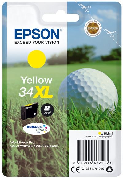 Epson Golf ball Singlepack Yellow 34XL DURABrite Ultra Ink. Colour ink type: Pigment-based ink Cartridge capacity: High (XL) Yield Colour ink page yield: 950 pages Colour ink volume: 10.8 ml Printing colours: Yellow Quantity per pack: 1 pc(s)