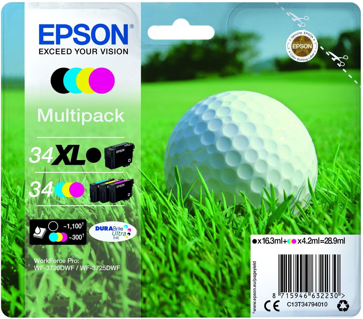 EPSON 34 Golf Ball Cyan, Magenta & Yellow Ink Cartridges - Multipack, Black & Tri-colour - Image 1