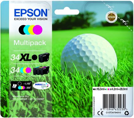 EPSON 34 Golf Ball Cyan, Magenta & Yellow Ink Cartridges - Multipack, Black & Tri-colour