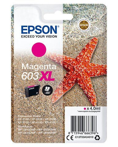 Epson C13T03A34010. Cartridge capacity: High (XL) Yield Colour ink volume: 4 ml Printing colours: Magenta Quantity per pack: 1 pc(s)