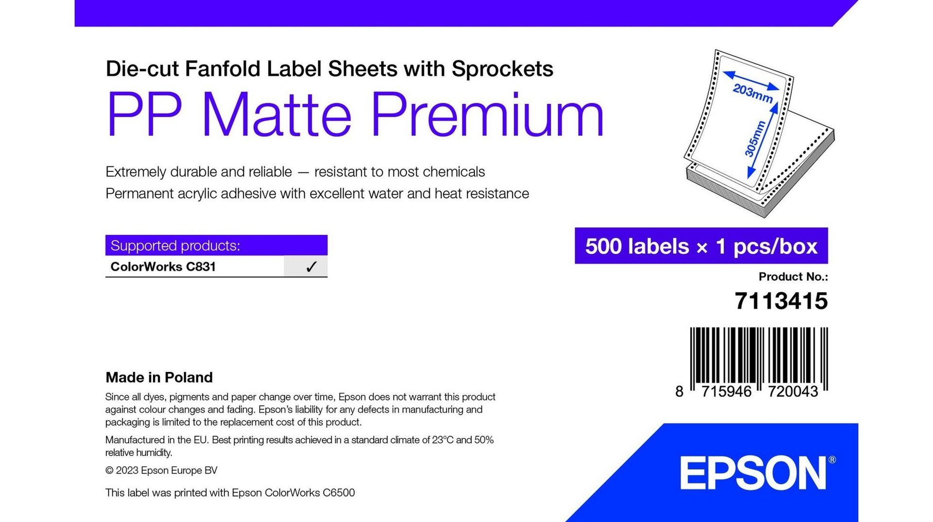 Epson 7113415 printer label White Self-adhesive printer label - Image 1