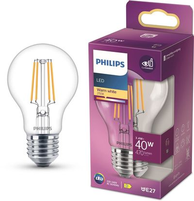 Philips E27 A60 LED bulb filament 4W 2,700K clear