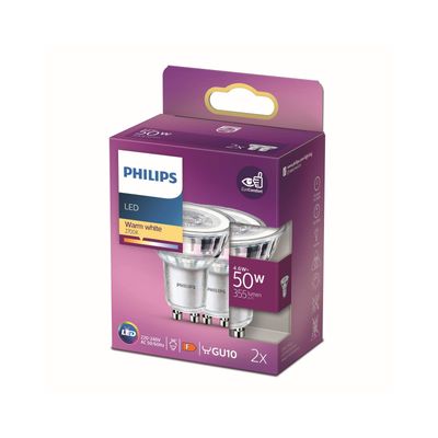 PHILIPS Spot LED Light Bulb - GU10, Warm White, Twin Pack