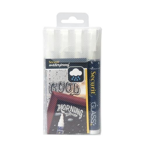 SECURIT Waterproof Chalk Markers (Glass and Chalkboard) White (Pack 4) - Image 1