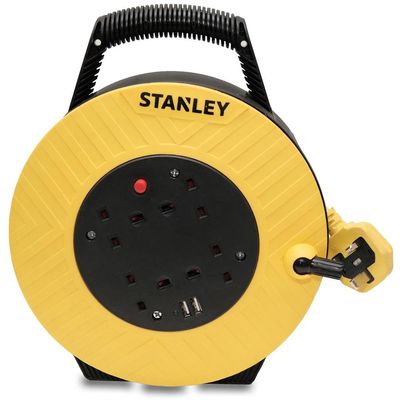 Stanley 6 Socket Semi Enclosed Cable Extension Reel 240v and USB 7.5m