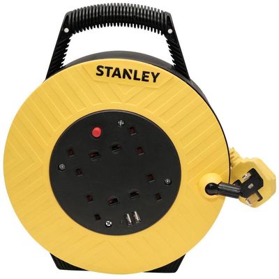 Stanley 6 Socket Semi Enclosed Cable Extension Reel 240v and USB 15m