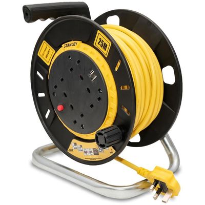 Stanley 6 Socket Open Drum Cable Extension Reel 240v and USB 25m