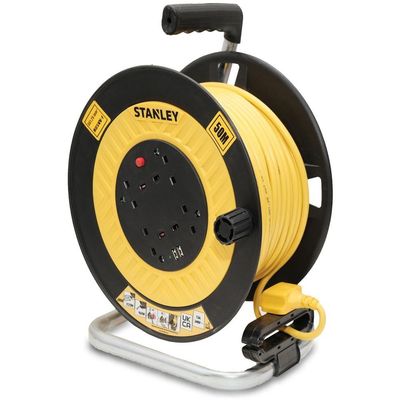 Stanley 6 Socket Open Drum Cable Extension Reel 240v and USB 50m