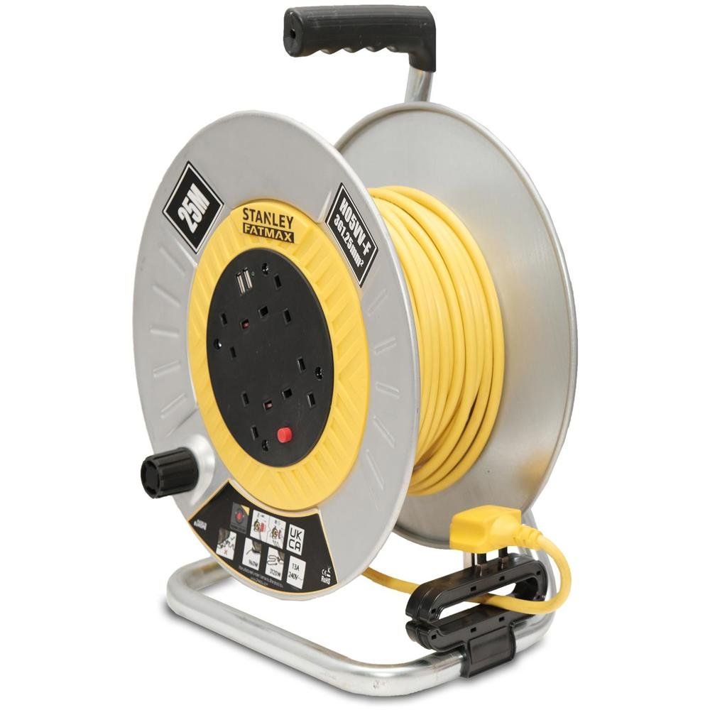 Stanley 6 Socket Open Metal Drum Cable Reel 240v and USB 25m - Image 1