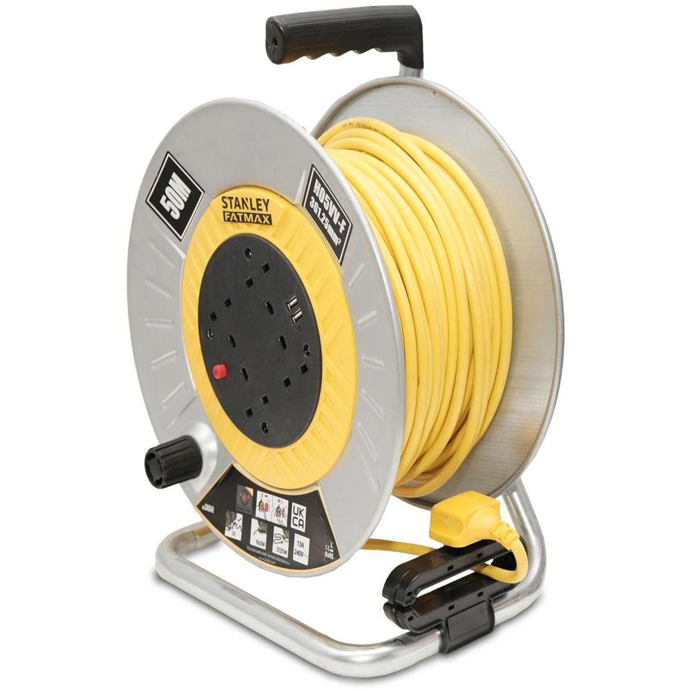 Stanley 6 Socket Open Metal Drum Cable Reel 240v and USB 50m - Image 1